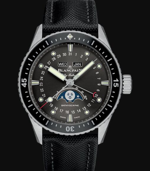 Review Blancpain Fifty Fathoms Watch Review Bathyscaphe Quantième Complet Phases de Lune Replica Watch 5054 1110 B52A - Click Image to Close